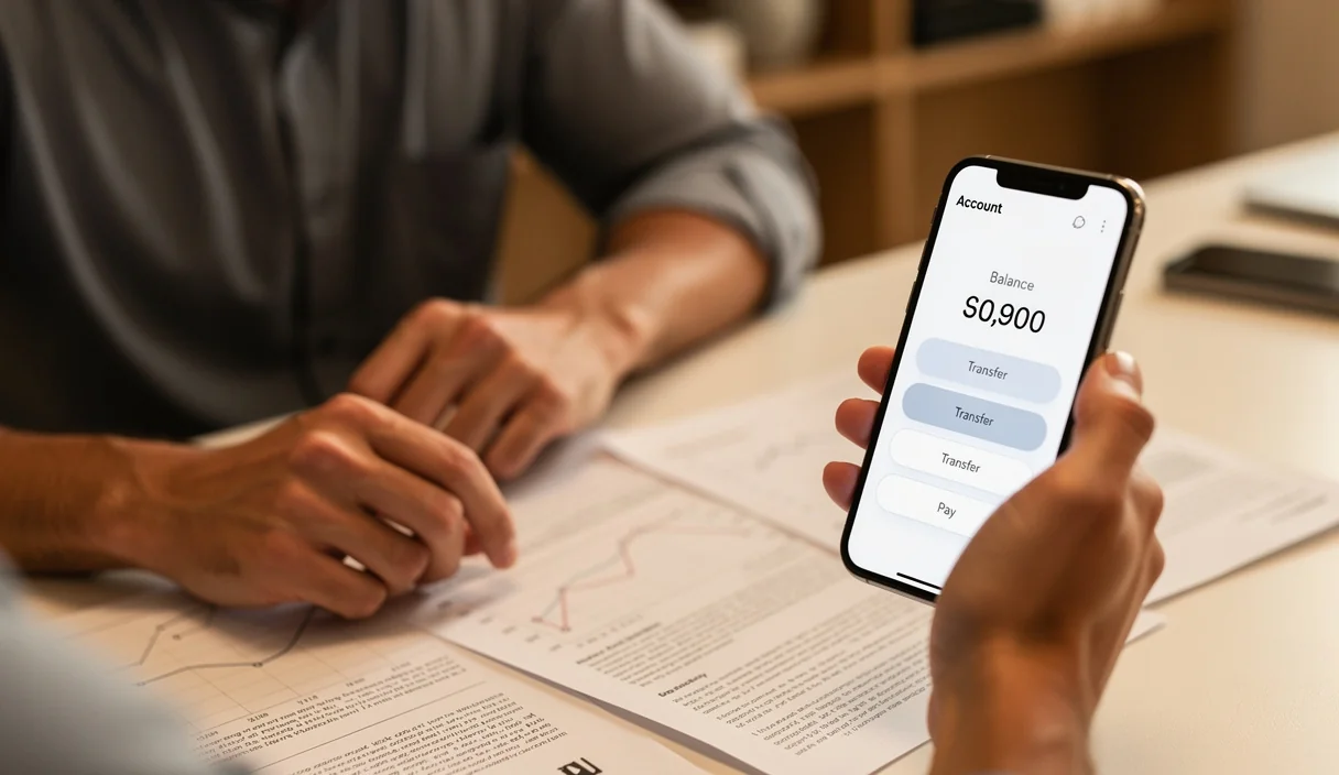 Personne examinant des documents bancaires roumains avec une application de banque mobile