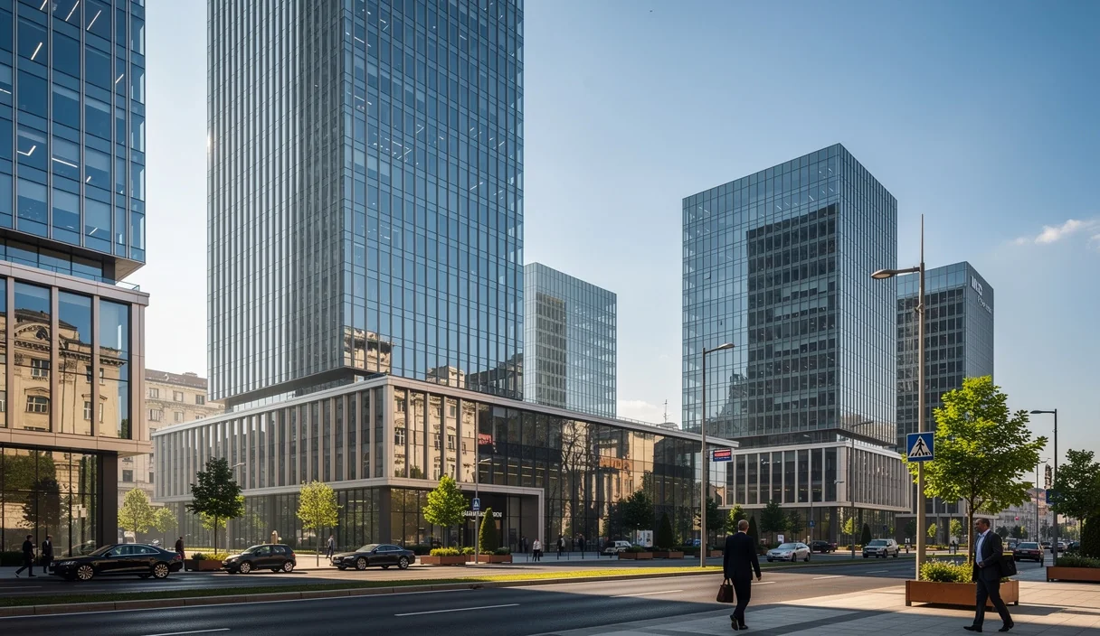 Vue du quartier d'affaires de Bucarest avec immeubles de bureaux modernes