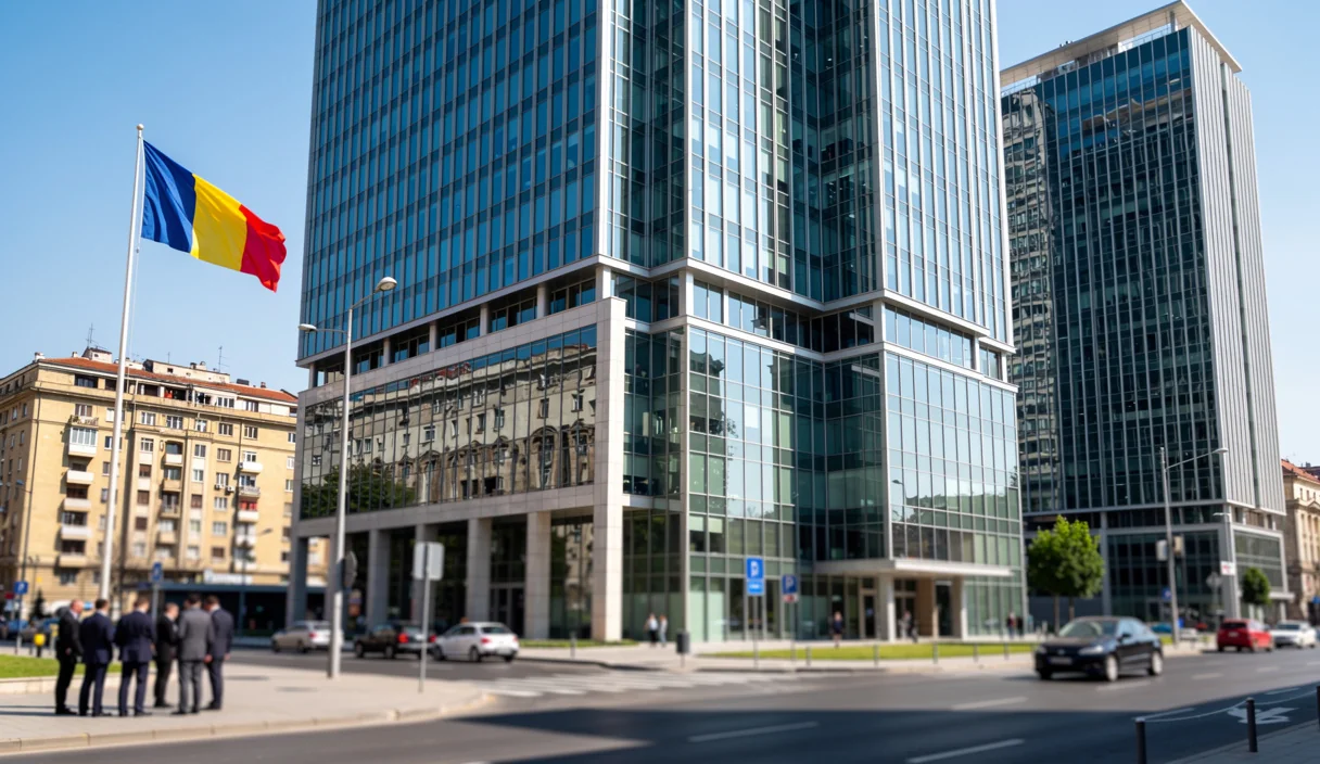 Quartier financier de Bucarest avec immeubles de bureaux et drapeau roumain