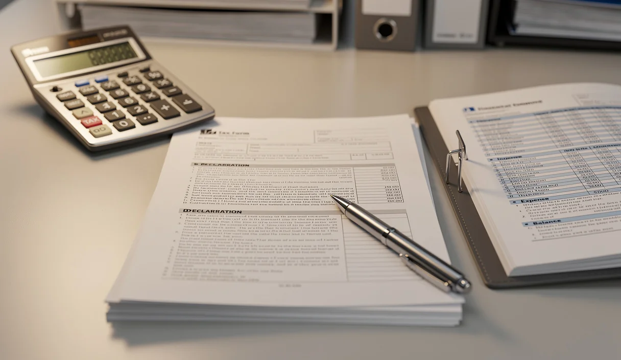 Bureau comptable avec documents fiscaux, calculatrice et déclarations roumaines