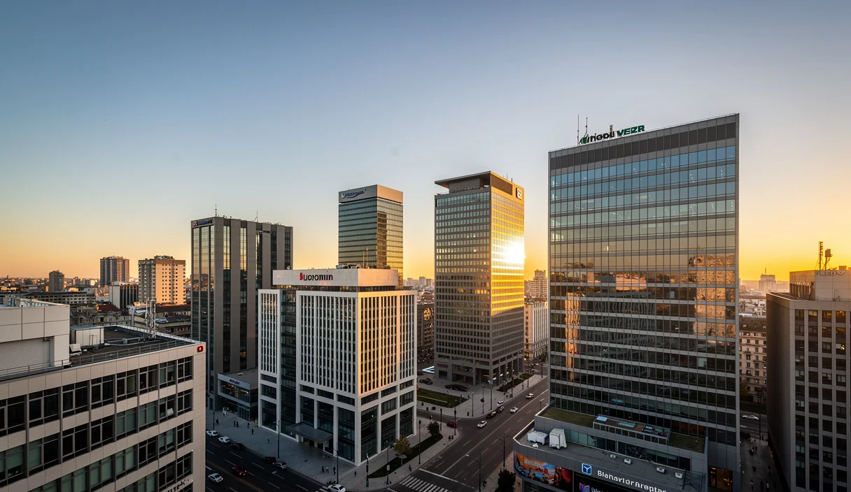 Quartier d'affaires de Bucarest avec immeubles de bureaux modernes au lever du jour